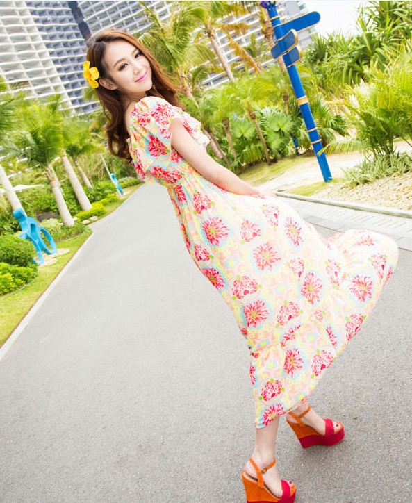 Chiffon Ruffle Strapless Tube Top Floral Print Women's Dress Two Ways Full Dress Beach Dress-rose