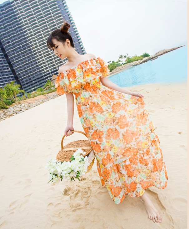 Chiffon Ruffle Strapless Tube Top Floral Print Women's Dress Two Ways Full Dress Beach Dress-yellow