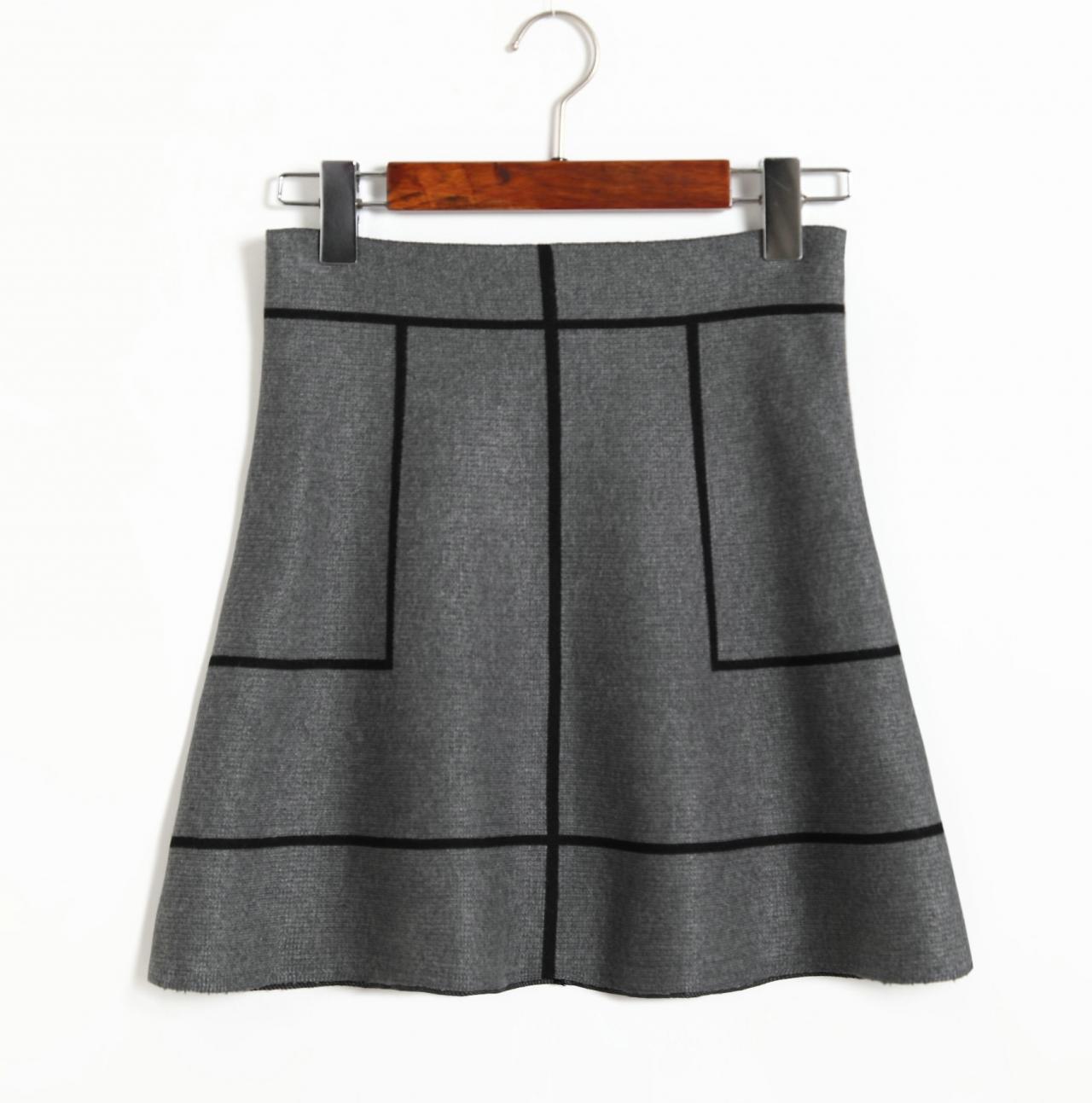 New Sweet A-line Knit Thin Skirt - Grey & Black