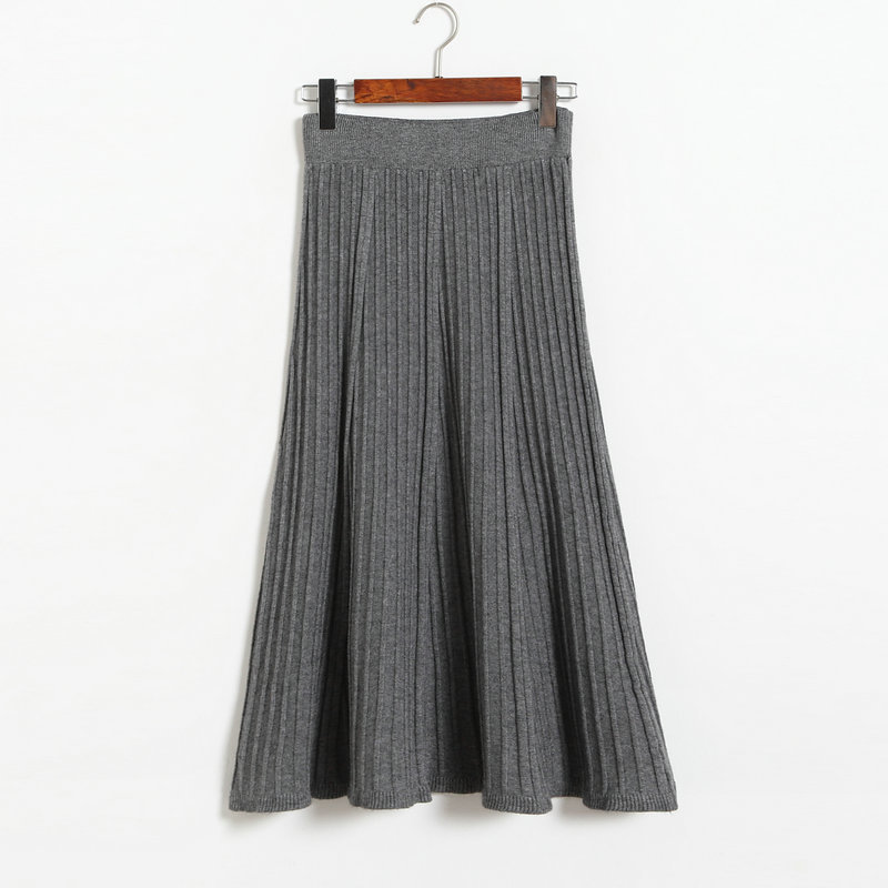 Autumn Winter Long Knitted Skirts Women Solid Color High Waist Casual Warm A-line Skirt - Grey