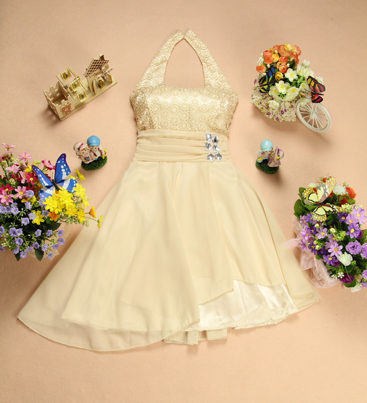 Shiping Cute Women Halter Beading Decoration Mini Dress Bridesmaid Wedding Dres