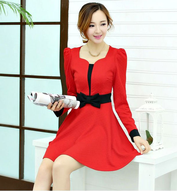 2014 Autumn Sweet Bow Women's Slim Long Sleeved Dress - Red