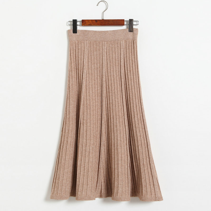 Autumn Winter Long Knitted Skirts Women Solid Color High Waist Casual Warm A-line Skirt - Khaki