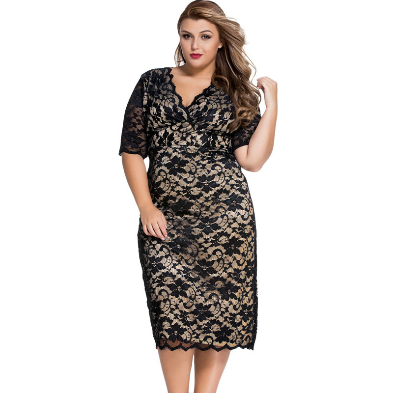Big Size Autumn Lace Hollow V Collar Dress - Black