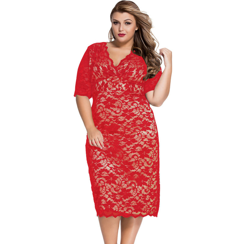 Big Size Autumn Lace Hollow V Collar Dress - Red