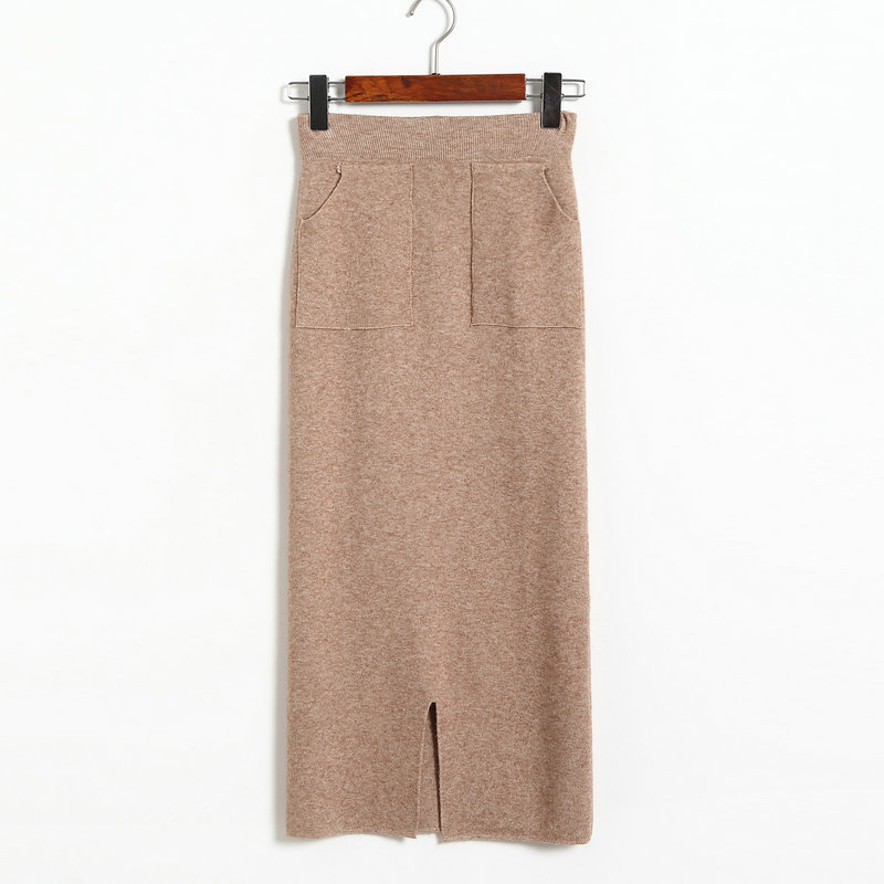 Autumn Winter High Waist Women Skirt Elastic Waist Straight Skrit Office Lady Knitted Skirt - Khaki