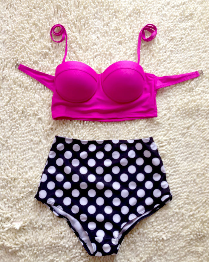 Neon Pink Halter Two-piece Swimsuit Featuring Polka Dots High Waisted Bottom