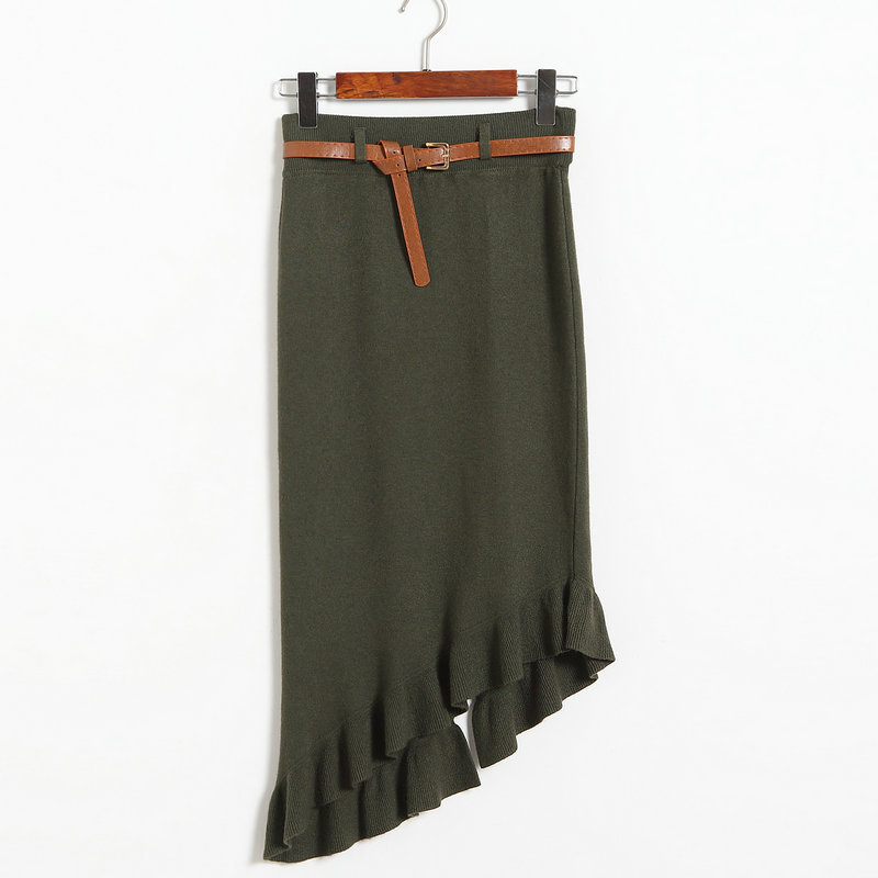 Autumn winter Skirts Womens Knitted Slim Package Hips Skirt With Belt - Amy Green