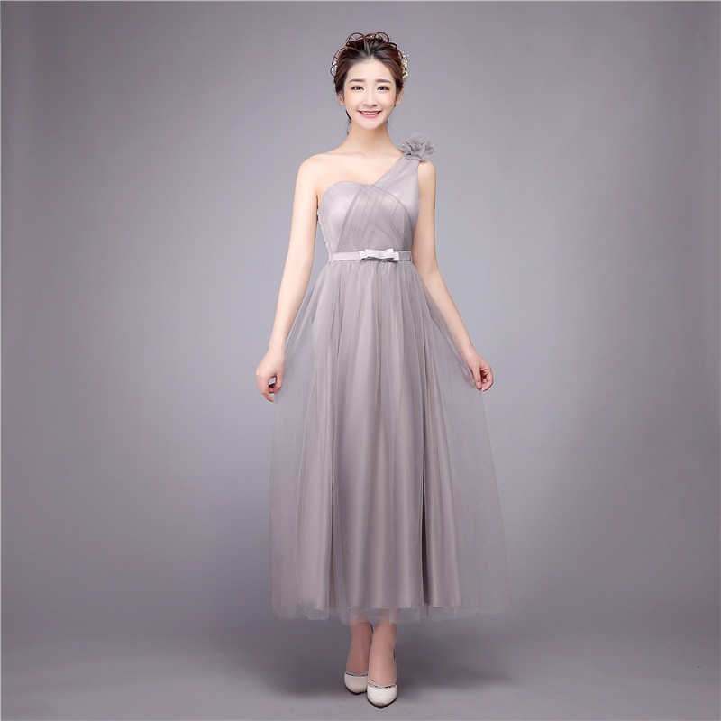 One Shoulder Long Sweetheart Bridesmaid Evening Prom Party Dress - Grey