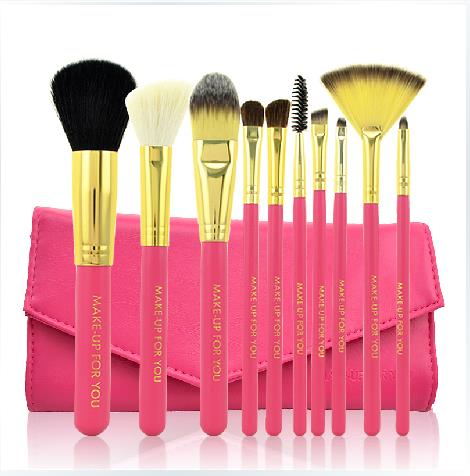 10 Pcs Professional Makeup Brush Set With Leather Case - Rose