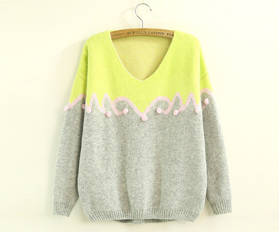Autumn Candy Color Loose V-collar Long Sleeve Pullovers Sweater