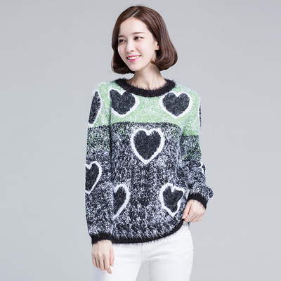 Fashion Women Heart Pattern Casual Knitted Pullover O-neck Long Sleeve Lady Sweater