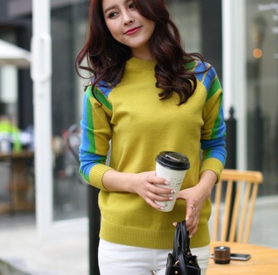 Winter Women Knit Color Matching Pullover Sweater Shirt