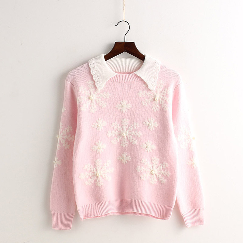 Cute Snow Pattern Women Round Neck Long Sleeve Pullovers Sweaters