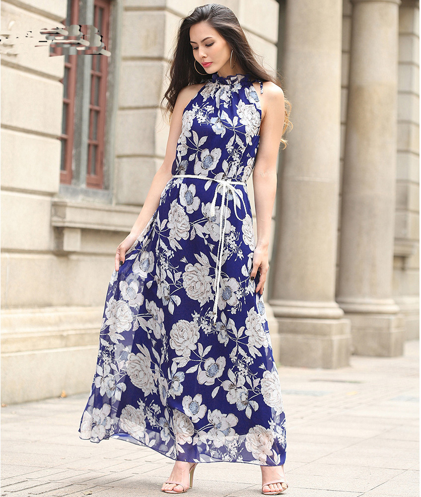 Fashion Women Halter Neck Printed Long Maxi Dress With Belt - Blue