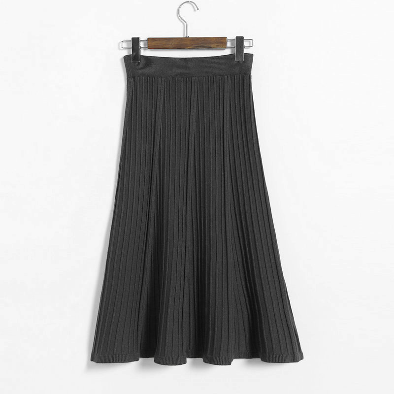 Autumn Winter Long Knitted Skirts Women Solid Color High Waist Casual Warm A-line Skirt