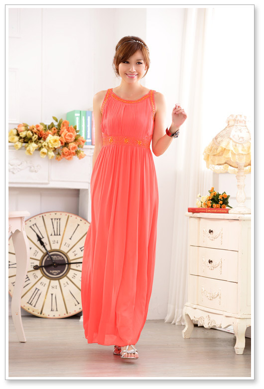 Elegant Long Girls Nail Bead Orange Color Evening Dress