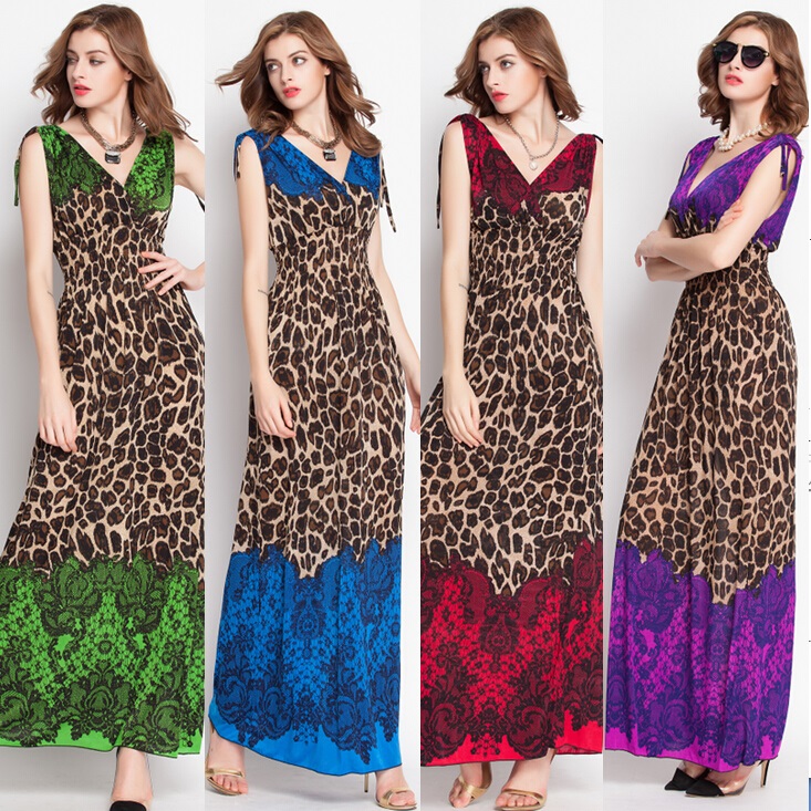 Leopard Print Bohemian Long Women Causal Beach Summer Dress