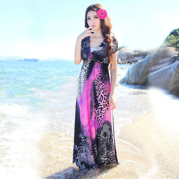 Leopard Print Bohemian Short Sleeve Women Causal Beach Summer Long Dress - Pink
