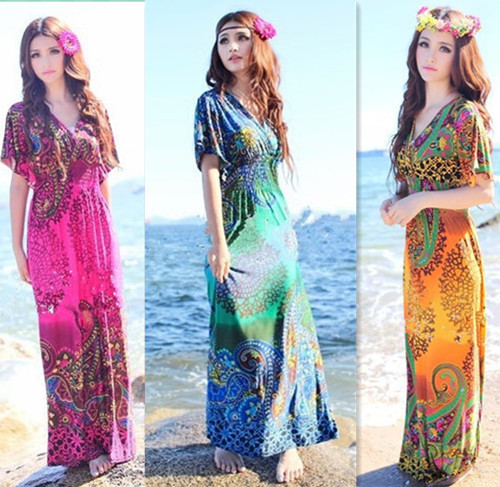 Summer V-neck Bohemia Long Beach Dress Sexy Casual Maxi Dress 3 Colors