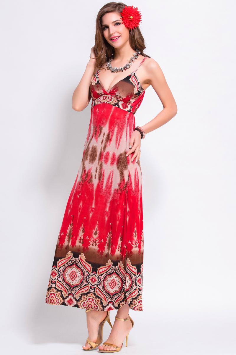 Red Summer Women Strap Printed Sexy Bohemian Maxi Beach Long Dress