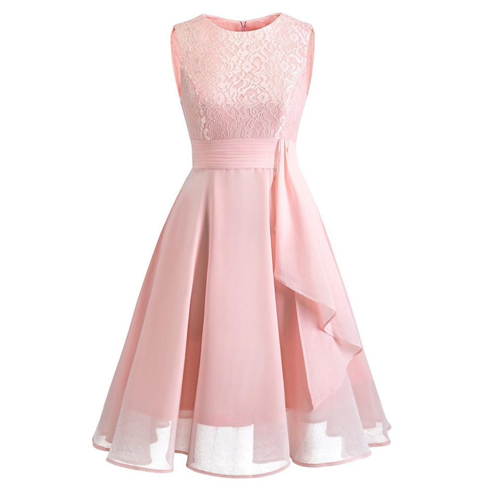 Women's Sleeveless Ruffles Floral Chiffon Party Dress - Pink