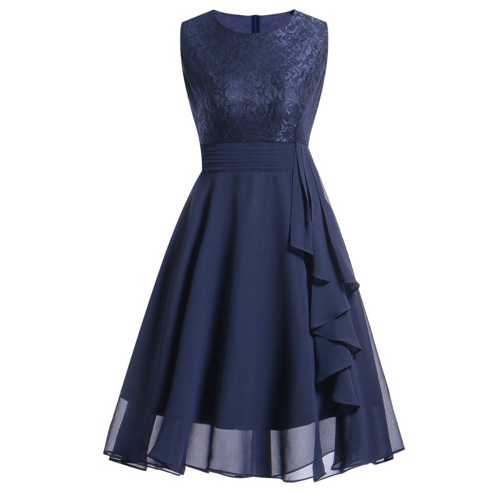 Women's Sleeveless Ruffles Floral Chiffon Party Dress - Dark Blue