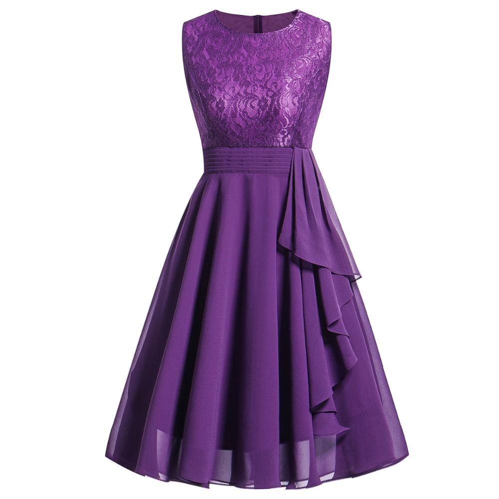Women's Sleeveless Ruffles Floral Chiffon Party Dress - Purple