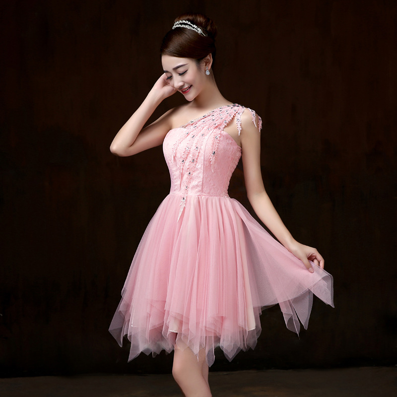 Sweet One Shoulder Mini Bridesmaid Prom Dress - Pink
