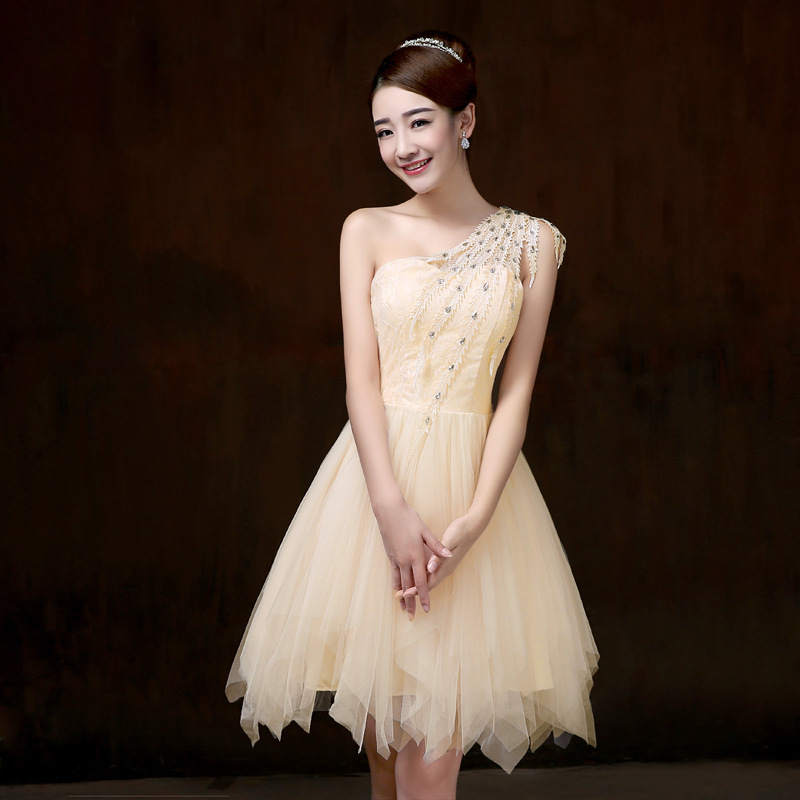 Sweet One Shoulder Mini Bridesmaid Prom Dress - Champagne
