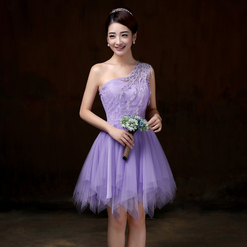 Sweet One Shoulder Mini Bridesmaid Prom Dress - Purple