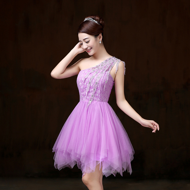 Sweet One Shoulder Mini Bridesmaid Prom Dress - Light Purple