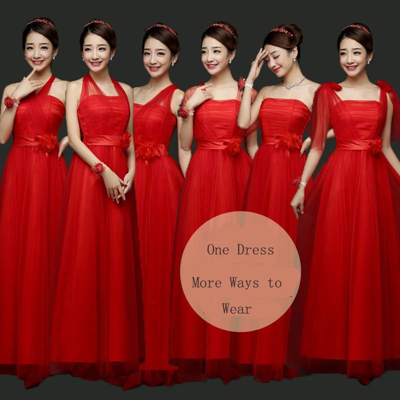 Convertible Bridesmaid Dresses A Line Long Wedding Party Dress - Red