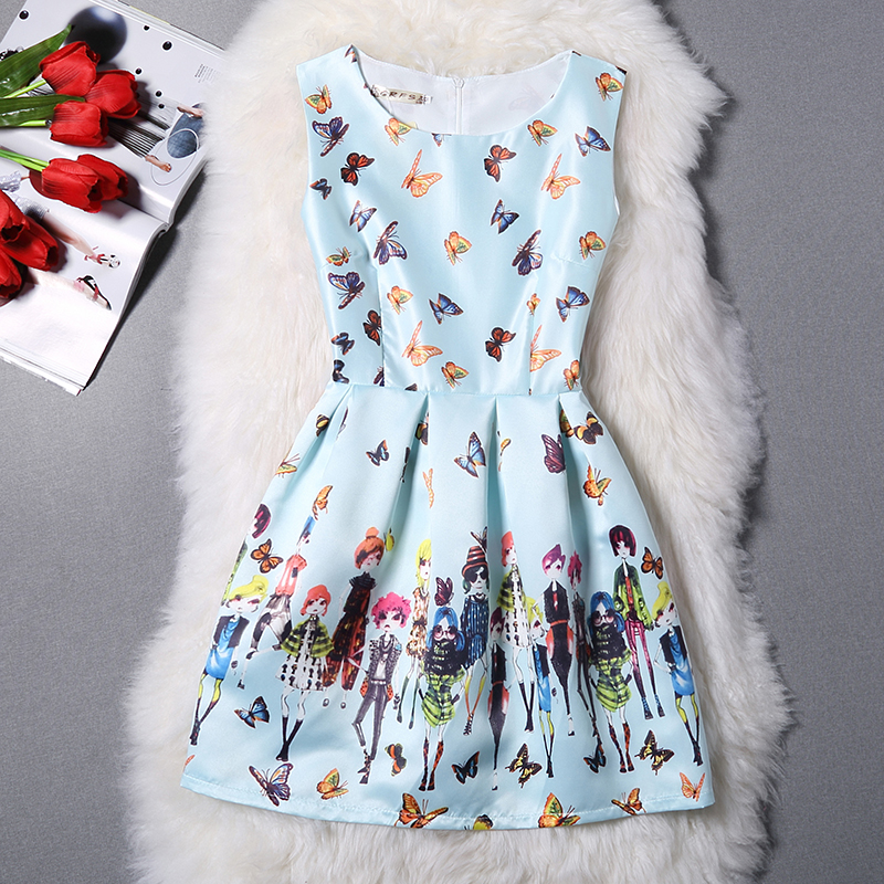 Summer Elegant Butterfly Print Bodycon Vest Dress - Light Blue