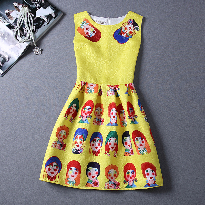 Retro Yellow Casual Cartoon Printing Sleeveless Vest Dress
