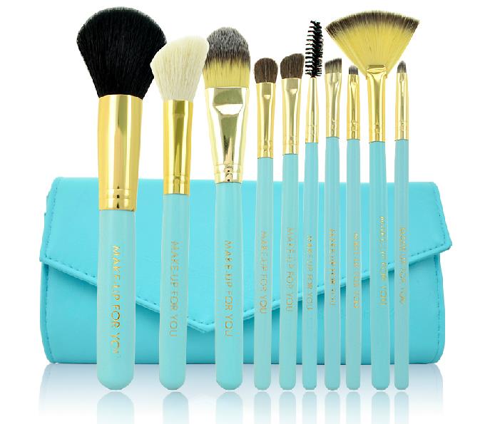 10 Pcs Professional Makeup Brush Set With Leather Case - Blue