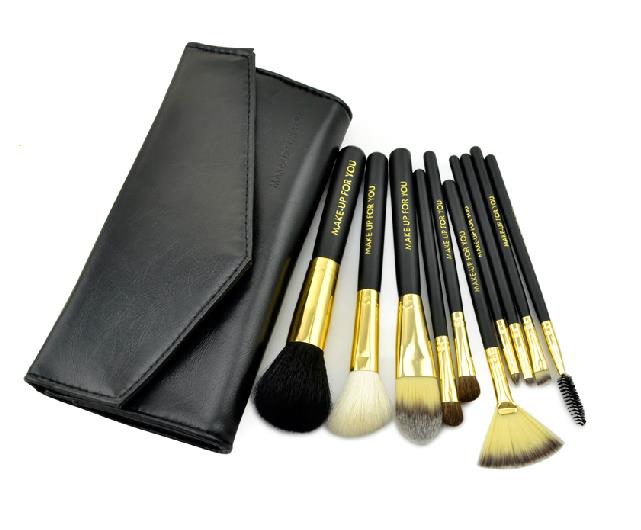 10 Pcs Professional Makeup Brush Set With Leather Case - Black