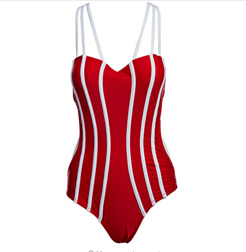 Red One-piece Swimsuit With White Stripes And Tie Back