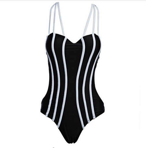Women Swimsuit Stylish Stripe Pattern One Piece Slimming Bikini - Black