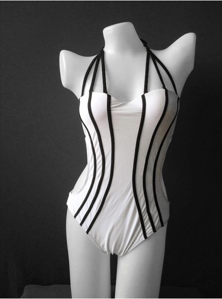 Women Swimsuit Stylish Stripe Pattern One Piece Slimming Bikini - White