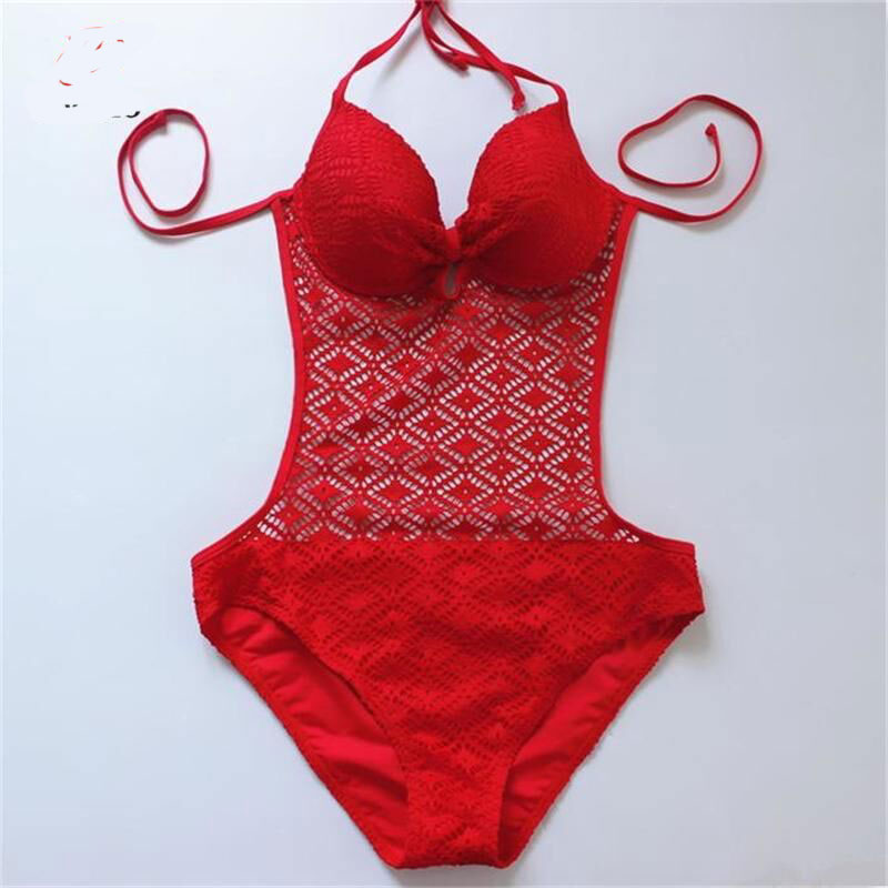 Fashion Women Hollow Gauze One Piece Swimswear Bathing Suit Ladies Beach Swimsuit - Red