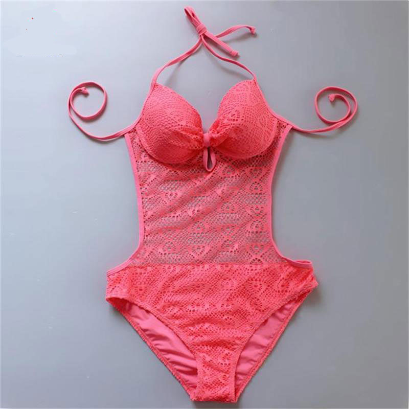 Fashion Women Hollow Gauze One Piece Swimswear Bathing Suit Ladies Beach Swimsuit - Pink