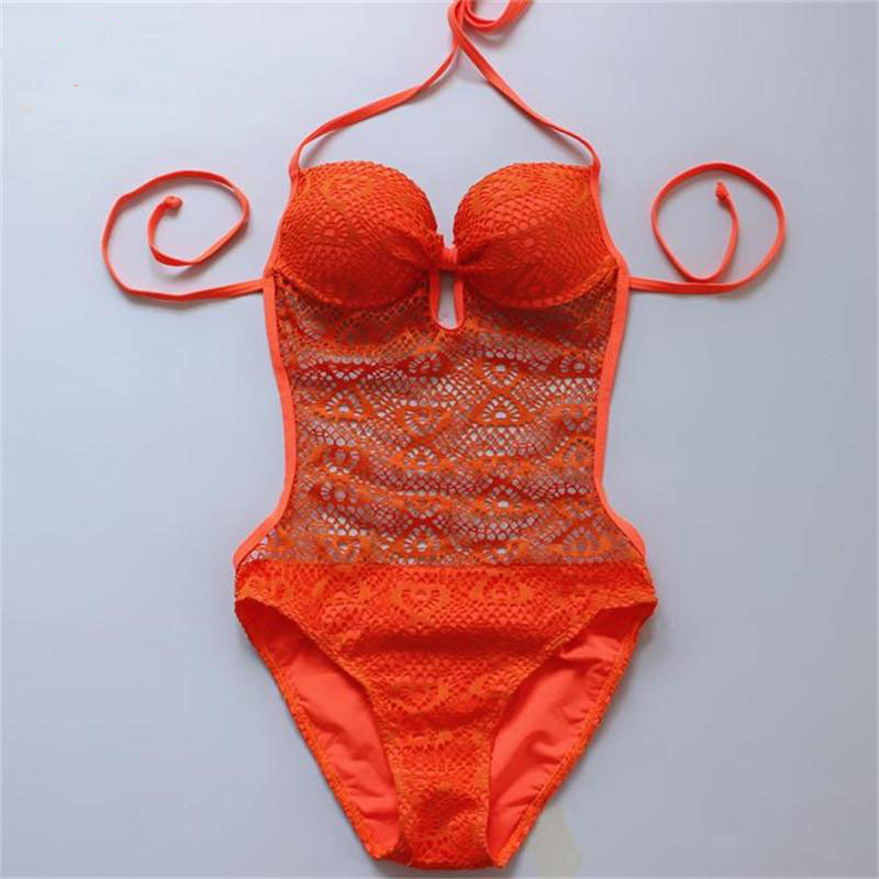 Fashion Women Hollow Gauze One Piece Swimswear Bathing Suit Ladies Beach Swimsuit - Orange