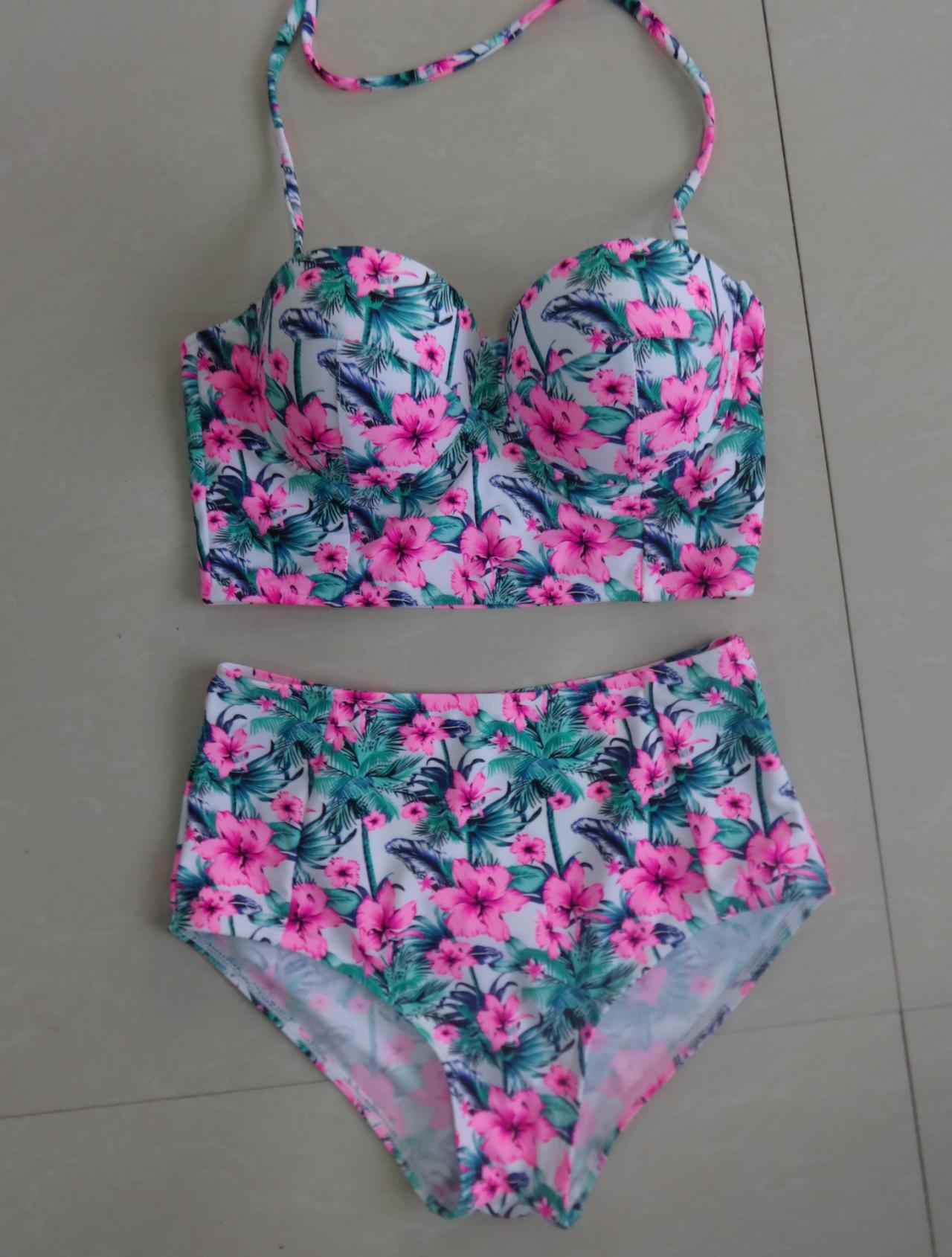 Fashion Women High Waist Flower Pattern Swimswear Bathing Suit Swimsuit