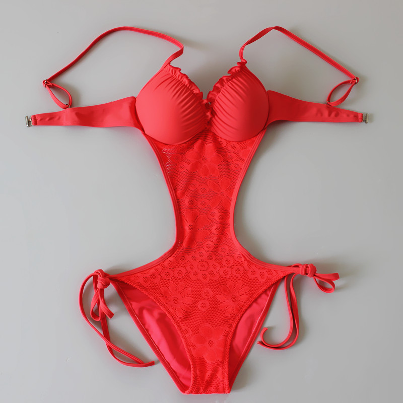 Women Hollow Lace V-neck One Piece Swimswear Bikini Swimsuit - Red