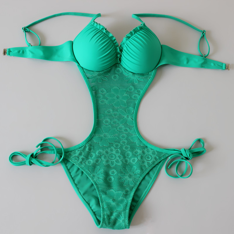 Women Hollow Lace V-neck One Piece Swimswear Bikini Swimsuit - Green