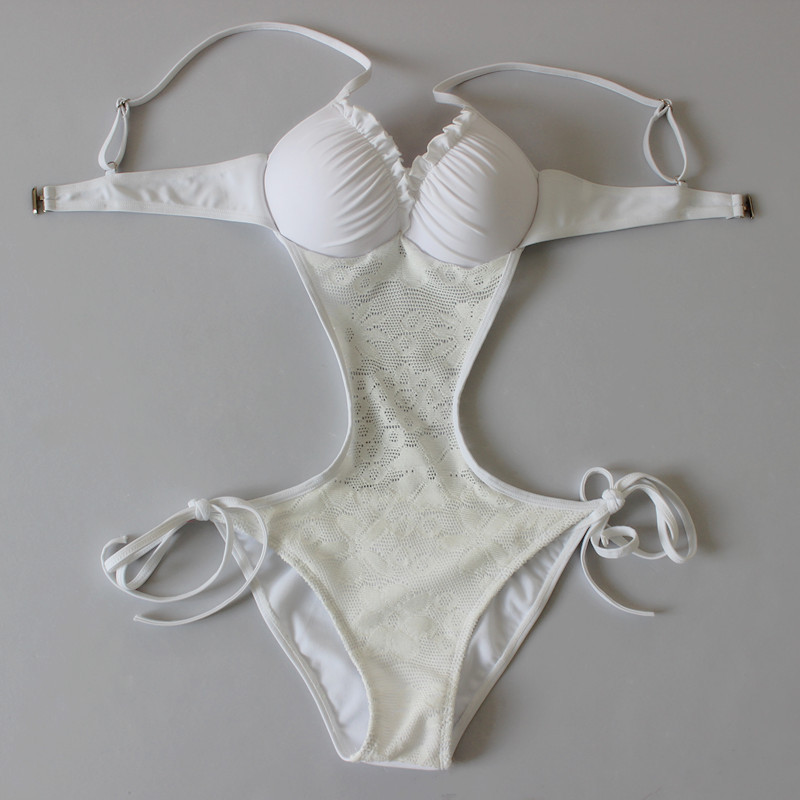 Women Hollow Lace V-neck One Piece Swimswear Bikini Swimsuit - White
