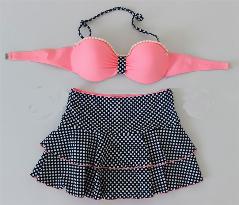 Sweet Dot Bead Women Swimsuit Bikini Swimdress - Pink