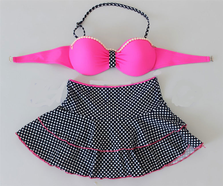 Sweet Dot Bead Women Swimsuit Bikini Swimdress - Rose
