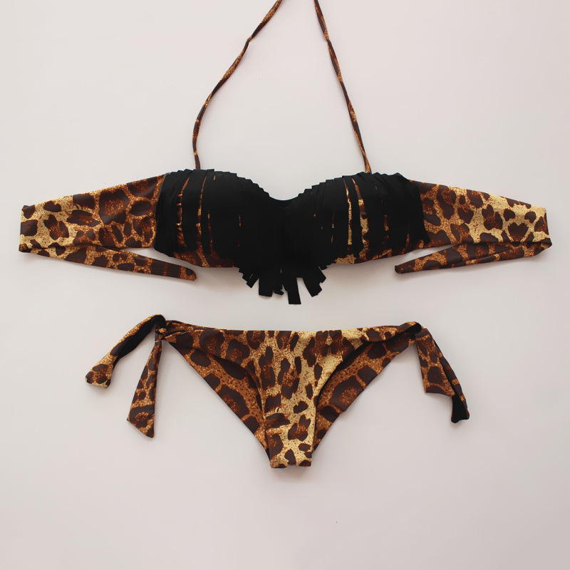 Women Sexy Leopard Tassel Swimsuit Bikini - Black